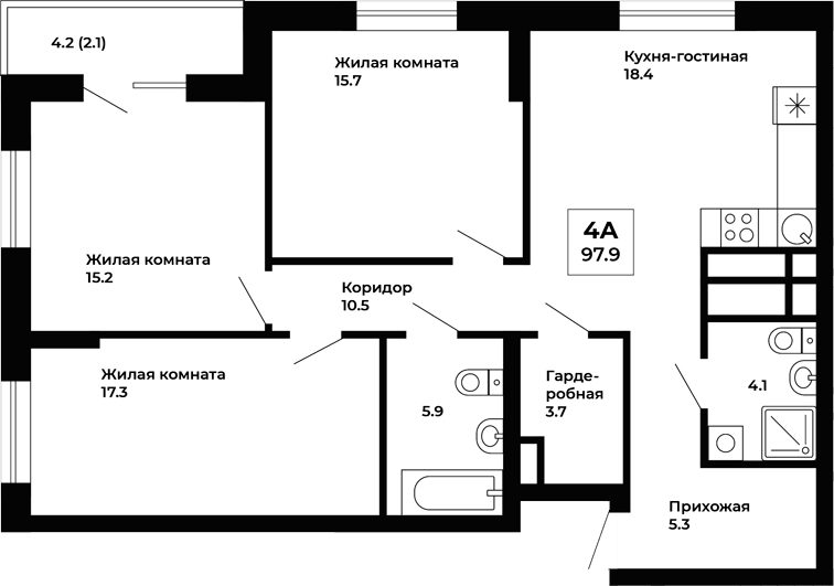 Планировка Планировка 3-к.кв 97,9 м² в ЖК Космос в Екатеринбурге в ЖК Космос